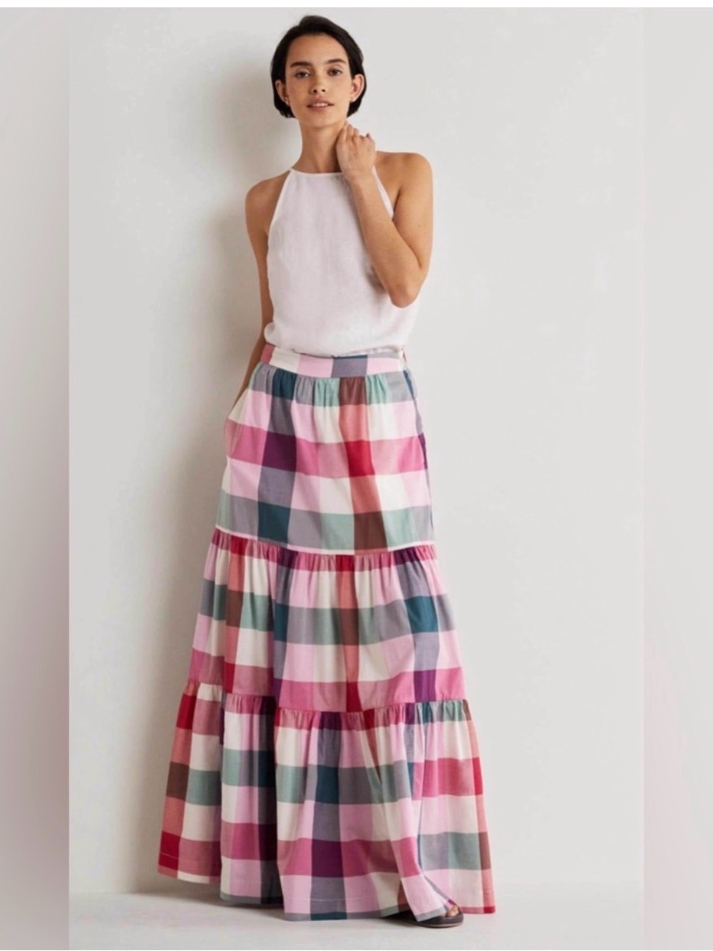Boden Tiered Check Maxi Skirt